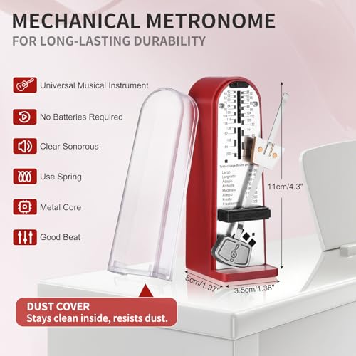 RIVVTA Mechanical Metronome, Metronome for Piano, Guitar, Bass, Violin, Drums & Other Instruments, Loud Sound and High Precision Track Beat for Beginners,Red