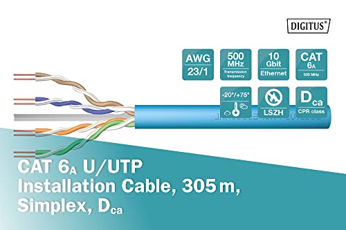 DIGITUS 305 m Cat 6A Netzwerkkabel - U-UTP Simplex - BauPVO Dca - LSZH Halogenfrei - 500 MHz Kupfer AWG 23/1 - PoE+ Kompatibel - LAN Kabel Verlegekabel Ethernet Kabel - Blau