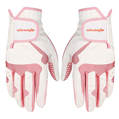 wosofe Golfhandschuhe für Damen, beide Hände, Paar, synthetisches PU, weiches Silikongel, rutschfeste Belüftung, bequem, rosa, enge Passform, modisch (Medium) Cover