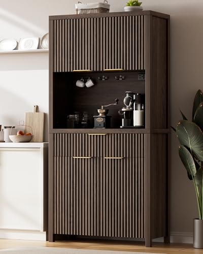 Image of Lulive 71 inch Fluted Pantry Cabinet with Charging Station, Brown | Adjustable Shelves, Open Countertop, Drawer, Spacious Kitchen Storage