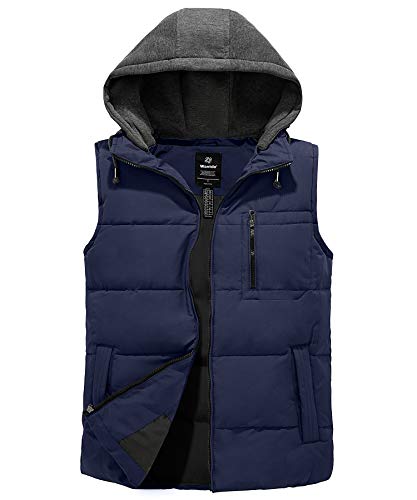 Wantdo Men's Puffer Vest Warm Sleeveless Jacket with Removable Hood Dark Blue XL