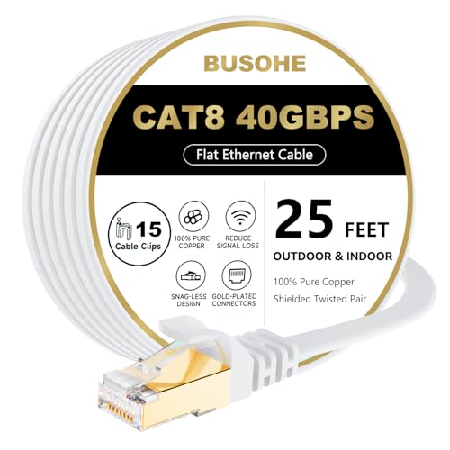 BUSOHE Cat 8 Ethernet Cable 25 FT, 40Gbps 2000Mhz High Speed Flat Cat8 Cable Patch Cord with Gold-Plated RJ45 Connector, LAN Network Internet Cable with 15 Clips for Router/Gaming/Computer, S/FTP