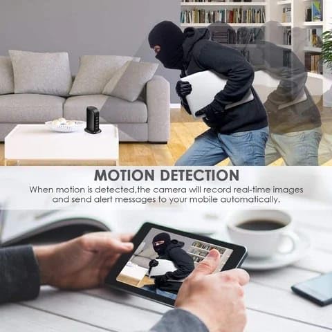 Image illustrating motion detection: a person is shown moving in a room, and a tablet displays an alert with the detected motion, indicating real-time recording and notifications.