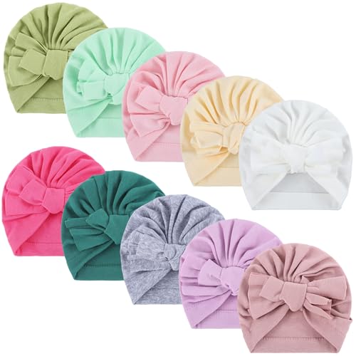 Velmitten 10 Pcs Preemie Hats Cotton Preemie Caps Bows Turban Premature Baby Boys Girls Hospital NICU Hat(Bow Style)