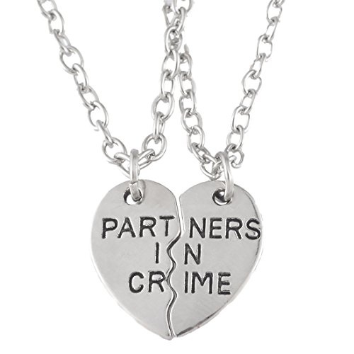 MJartoria Split Valentine Heart Partners in Crime Engraved Friendship Necklaces Set of 2 Silver Color