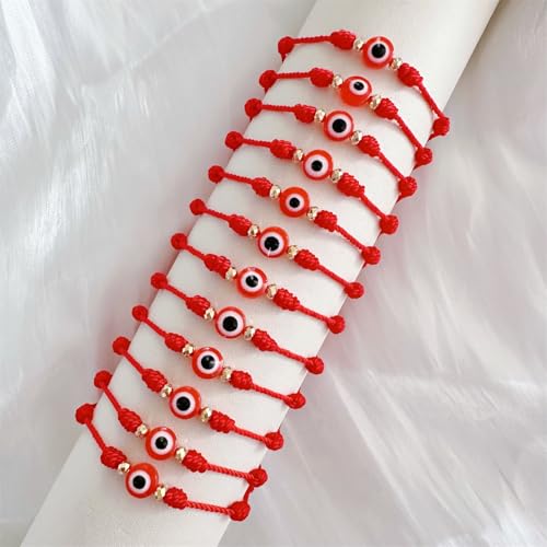 Image of BONITTER Evil Eye Protection Bracelet Set, 12 Pack Adjustable Red 7 Knot Lucky String Amulets, Black and Pink Friendship Bracelets for Women, Men, Boys, Girls (12, Red)