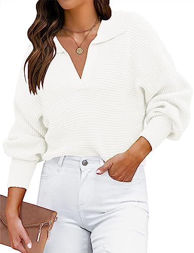 ZESICA Women's 2023 Fall Lapel Collar V Neck Long Sleeve Ribbed Knit Comfy Loose Casual Pullover Sweater Jumper Top,White,Small