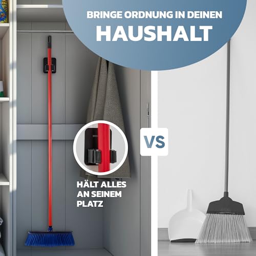 Selbstklebende Besenhalter & Gerätehalter Wand ohne Bohren und Schrauben | Robuste Wandhalterung aus Edelstahl für Besen, Werkzeug, Pfannen, Garten, Werkstatt, Garage, Küche, Badezimmer (Schwarz, 4)