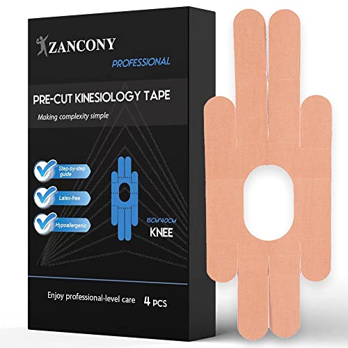 Zancony Pre-Cut Kinesiology Tape for Knee Incredible Support for Athletic Sports Relaxing The Tense Muscles Easy to Use Latex Free High Breathability 95% Cotton and 5% Spandex 4PCS