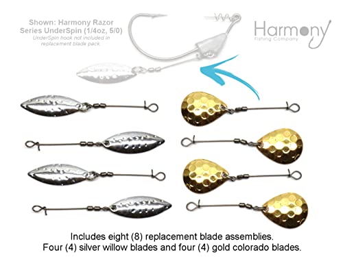Harmony Fishing – Replacement Blade Assemblies for Razor Series UnderSpins (8 Blade, Swivel, Wire Assemblies – 4 Silver Willow, 4 Gold Colorado)