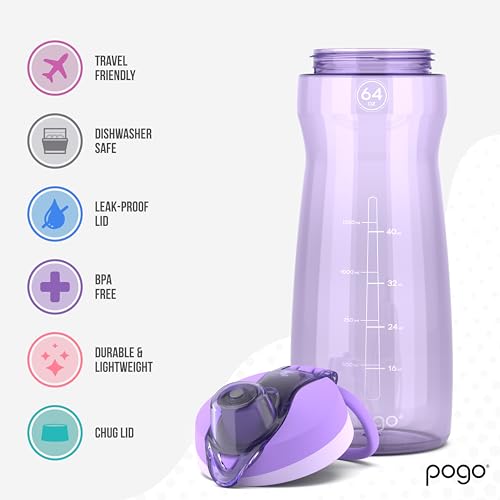 Image of Pogo 64oz Plastic Water Bottle with Leak-Proof Chug Lid and Carry Handle, Reusable, BPA Free, Capacity Markings, Dishwasher Safe, Perfect for Travel, School, Outdoors, and Gym, Lilac