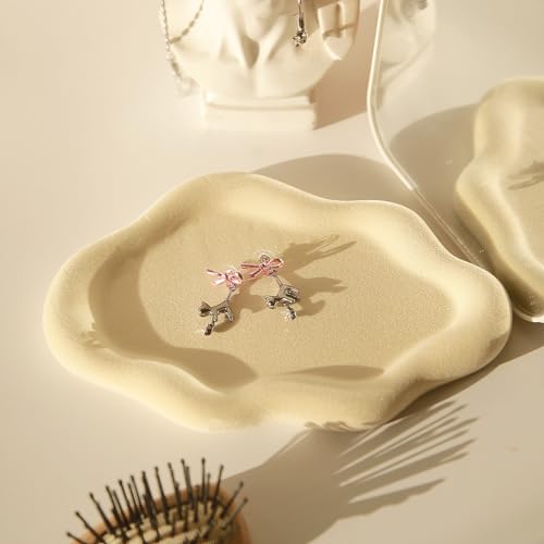 Image of Jewelry Dish Trinket Tray for Women, Ring Dish Holder, Unique Cloud Shape Ceramic Plate Cute Things Vanity Aesthetic Room Decor Mother's Day Birthday (Flocked Custard)