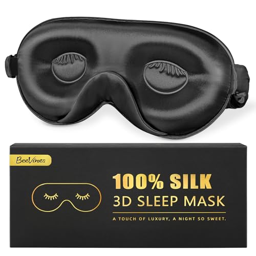 BeeVines 100% 22 Momme Silk Sleep Mask, with 3D Contoured Eye Cups for Eyelash Extensions, 100% Blackout Sleeping Mask with Adjustable Strap for Men Women (001 Black)