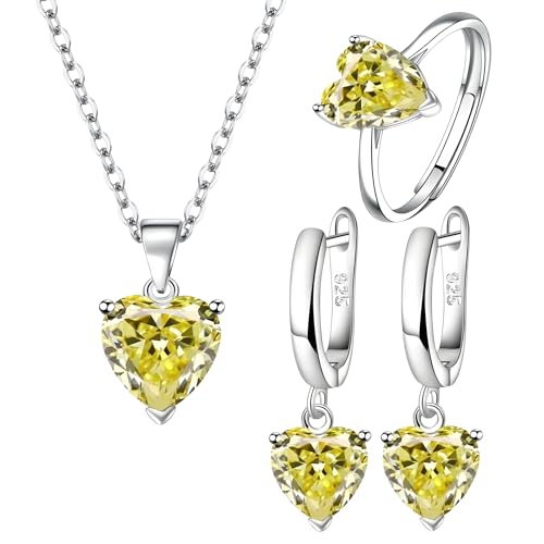 Collar y pendientes de plata de ley 925 corazón amarillo: regalo para mujer