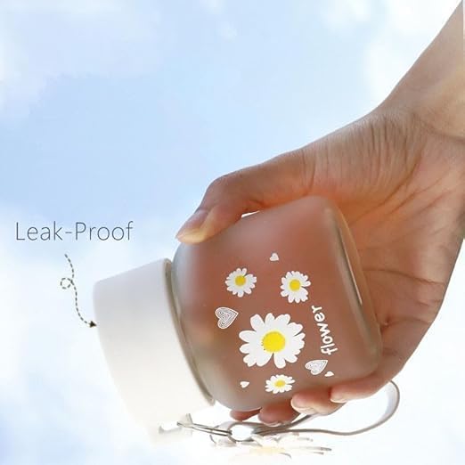 Image of Cute Flower Glass Water Bottle with Lid & Daisy Keychain | Frosted Aesthetic Reusable Milk Juice Coffee Bottle| Leak Proof Eco-Friendly Travel Cup for Girls & Women - 300ml