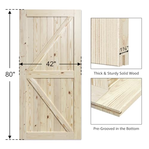 Image of SmartStandard 42in x 80in Sliding Barn Wood Door Pre-Drilled Ready to Assemble, DIY Unfinished Solid Spruce Wood Panelled Slab, Interior Single Door Only, Natural, K-Frame (Fit 7FT-8FT Rail)