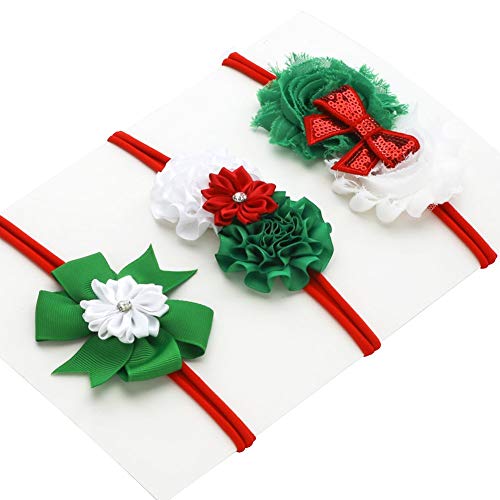 Miuion Baby Girl Nylon Christmas Headbands/Green Red White Sequin Bowknot - Pack Of 3 (Satin Flower Set) #TOP7