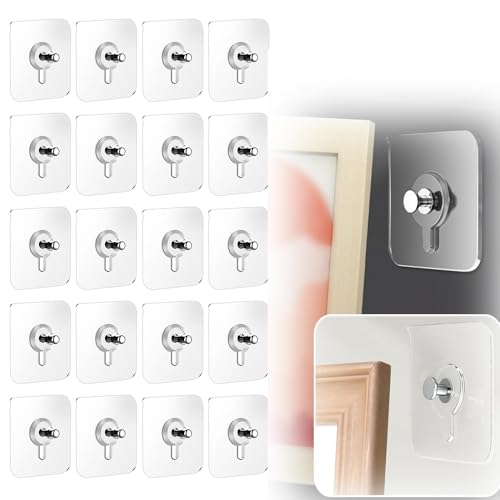 Image of Drill Free Adhesive Hooks,Picture Hangers Without Nails,Adhesive Wall Mount Screw Hooks for Hanging,Nail Free Wall Hangers for Kitchen,Bathroom (Transparent / 20PCS, 2.36 * 3.93 inch)