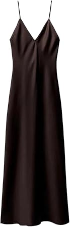 Womens Spring Silk Satin Maxi Dress V-Neck Spaghetti Straps Elegant Commute Gown