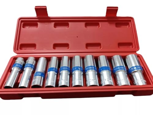 Juego de 10 llaves de vaso largas de 1/2" de 12 a 24 mm – Llave hexagonal de acero Cr-V – Compatibles con destornillador y taladro – Con funda compacta – Kit profesional mecánico