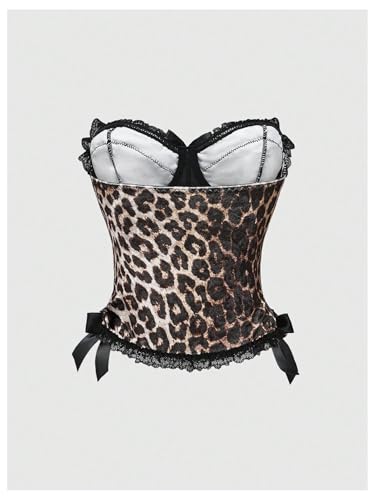 MakeMeChic Women's Leopard Print Corset Top Bow Lace Strapless Tube Crop Tops Y2K Bandeau Top2