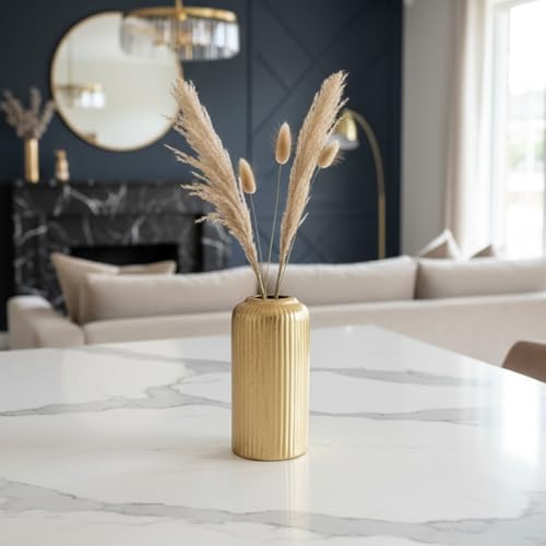 Image of KREATIVE ART'S Modern Ribbed Design Ceramic Flower Vase for Living Room, Flower Pots for Artificial Flower, Home Decoration Item, Home Decor, Vases for Living Room (Gold, Small)