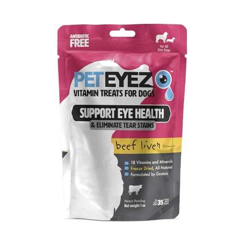 PetEyez Tear Stain Remover Vitamin Treats for Dogs - Support Eye Health & Reduce Itching & Tear Stain Buildup - 100% Natural Dog Treats w/Superfoods, Antioxidants & Nutrients - Beef Flavor - 1oz