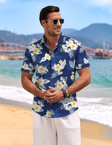 Image of COOFANDY Men's Linen Shirts Short Sleeve Casual Shirts Button Down Shirt for Men Beach Summer Wedding Shirt