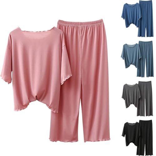 Generisch Conjunto de pijama para mujer de manga corta, pijama largo de verano de algodón, traje de casa elegante, ropa de dormir 7/8, pantalones de 2 piezas, ropa de salón, cuello redondo, ropa de