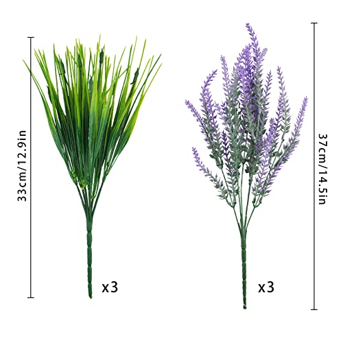 Uieke 6Pcs Outdoor Artificial Lavender Plants, 14.5In Uv Resistant 3Pcs Fake Lavender Flowers With 3 Pcs Faux Grass Greenery Stems For Home Kitchen Hanging Planter Garden Patio Décor Purple #TOP5