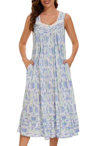 Image of AVIIER Cotton Nightgowns for Women Sleeveless House Dress Ladies Long Nightdress with Pockets S-XXL