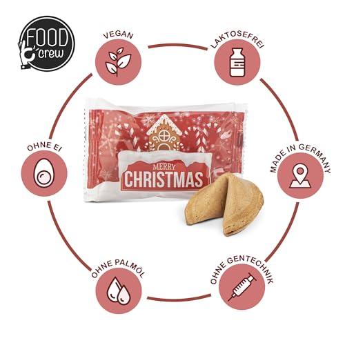 FOOD crew 12x Weihnachtsglückskekse mit Lebkuchen Geschmack – Glückskekse Weihnachten - Süßigkeiten Weihnachten - Gebäck Einzeln Verpackt mit deutschen Sprüchen - Vegan - Made in Germany