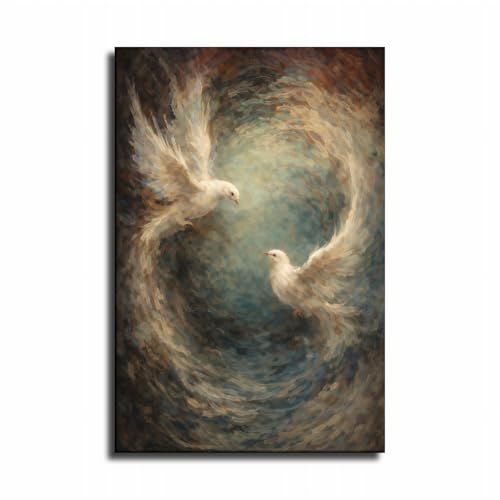 White Dove Canvas Wall Art, Peace Dove Spiritual Bird Painting, Abstract Flying Doves Wall Decor for Living Room Bedroom Office (Framed,12×18 inch)