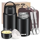 Bolu Fly 2 Pack Soup Thermo for Hot Food for Adults, Insulated Food Jar, Stainless Steel Vacuum Thermal Lunch Box Containers with Carry Bag and Spoon (18.5oz, 27oz) (Black)
