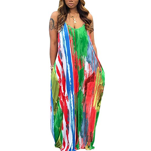 Image of BFFBABY Womens Summer Suspender Maxi Dress Plus Size Striped Printed Sleeveless with Pockets and Belt