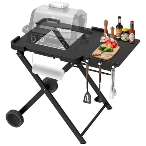 Grill Stand for Ninja Woodfire Outdoor-Grill: Portable Grill Table for Ninja Woodfire Grill OG700 OG800 OG900 Series & OO101 Outdoor Pizza Oven, Collapsible Outdoor Grill Cart with Wheels, Side Table Cover