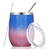 MEWAY Stemless 12 OZ Wine Tumbler Glasses with Lid -Insulated Double Wall Vacuum Stainless Steel Glitter Tumbler with Straw,Gift for Woman Under 10 dollars (Gradient Pink,1)