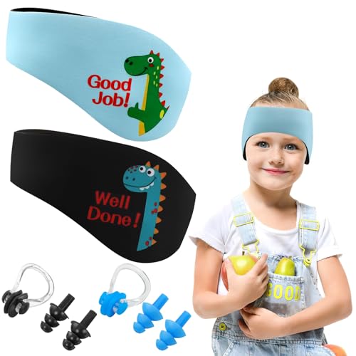 Scettar 2 Diadema de Natación Niños Diadema de Natación Ajustable de Neopreno Banda para Cabeza de Natación con Patrón Animal Banda de Oreja de Natación para Protección de Oídos (Azul y Negro, M)