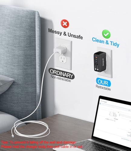 Image of 4 in 1 Retractable Wall Charger with Dual Cables,40W Retractable Phone Charger Wall Plug with Dual USB Ports,20W USB C Chargers Block Fast Charging for iPhone 17 16 15 14 13,LG, Galaxy S24 23,Pixel