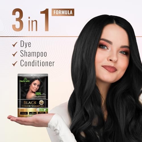 Herbishh Black Hair Dye Shampoo (25ml x 5 Sachets) | 100% Grey Coverage Ammonia Free, Instant Hair Dye Shampoo for Women & Men | Long Lasting & Travel Friendly