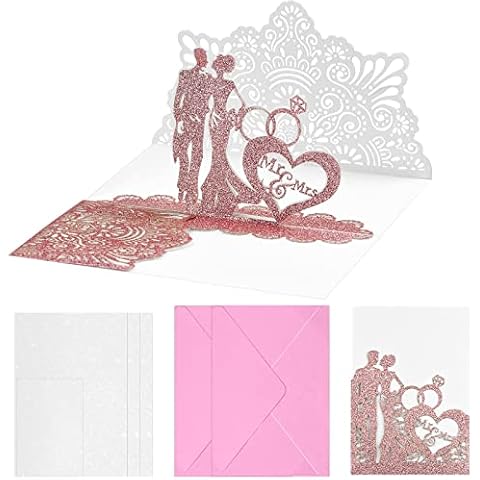 Wedding Cards Congratulations Elegant Pop Up Wedding Card with Envelope 3D Pop-Up Card Bride and Groom Glitter Rose Gold Wedding Card for Wedding Anniversary, Wedding Gift Cover