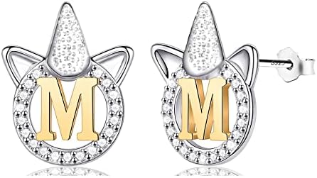Unicorn Initial Stud Earrings for Girls Women, Sterling Silver Alphabet Letter Earrings Birthday Christmas Jewelry Gifts for Daughter Granddaughter Nieces