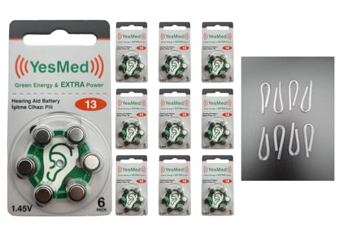 YesMed Extra Power 13 Numara İşitme Cihazı Pili (10 Paket x 6 Adet = 60 Adet Pil) + HEDİYE İşitme Cihazı Hortumu (8 Adet, Orta-Standart olan Kıvrılmış Hortum), YesMed