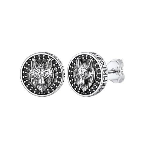 FaithHeart Viking Runes Stud Earrings for Men Silver/Black/Gold Stainless Steel Lightweight Earrings Retro Norse Mythology Jewelry with Gift Box Wolf-Sterling Silver&Black Onyx