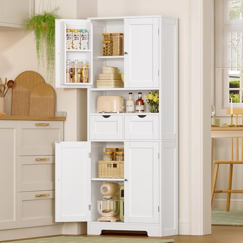 Kitchen Pantry Cabinet with 2 Drawers &4 Door Shelves, Tall Storage Cabinet