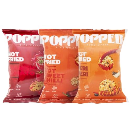 Posaka (Pack of 8) Combo Popped Rice Chips (Spanish Tomato (3) + Hot Sweet Chilli (3) and Peri Peri (2) With Korean Technology – Healthy Chips Without Palm Oil, Ideal for Weight Loss, 8 x 30g, Low-Fat, Low-Sugar, Protein-Rich, Veg, Perfect Healthy Snacks Pack