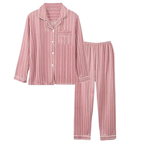 Pigiama da donna lungo con bottoni, biancheria da notte da donna, in cotone, a maniche lunghe, da notte, in due pezzi, per autunno e inverno, per il tempo libero, Vino, m