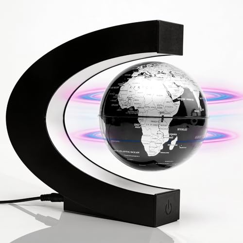 KAIMC Globe à lévitation magnétique avec carte du monde, cadre LED et commande tactile, lampe globe rotative anti-gravité pour bureau et maison