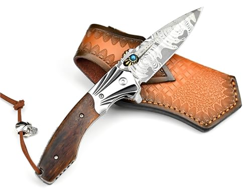 Monetx Generisch Damaszener Klappmesser mit Lederscheide