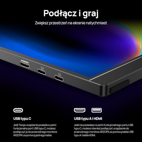 ARZOPA 16″ Przenośny Monitor 2.5K | Matryca IPS 123% sRGB 400 Nit | Ekran do Pracy 16:10 do Laptopa, Mac, PC, Telefon | USB-C i HDMI – Z1RC